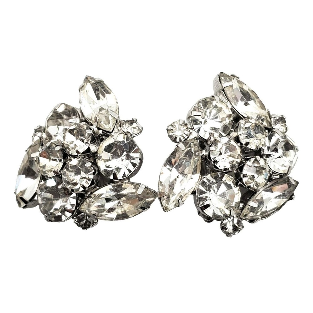 Kramer NY Rhinestone Clip On Earrings Classic Glam Cluster Silver Tone 1960s Vtg